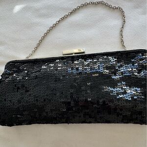 Elegant BCBG Maxazria Black Sequined and Beaded Clutch